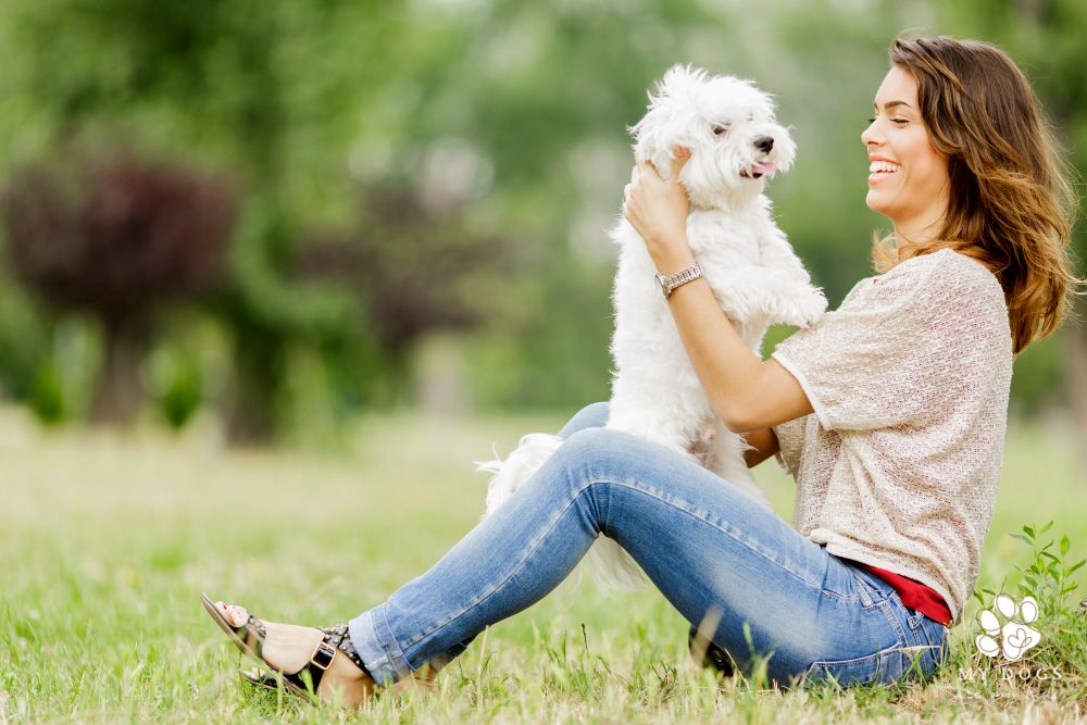 happy woman holding up a white dog