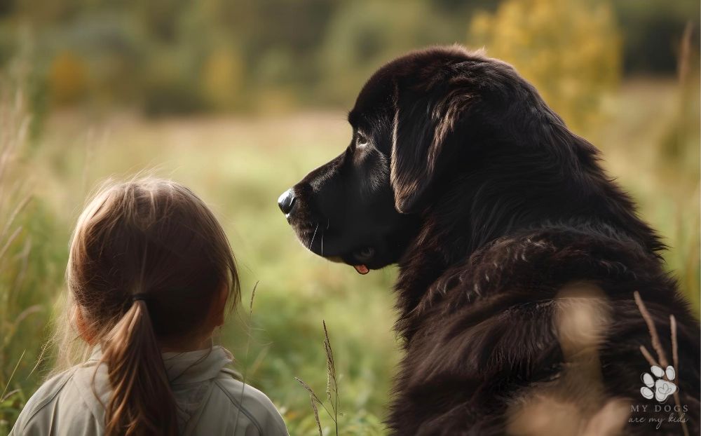 girl siting with Newfoundland dog in sunlit meadow